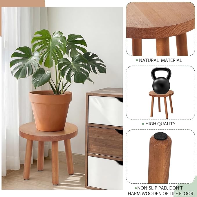 Pinkunn 3 Pcs Wood Plant Stand Indoor Plant Stand for 3-12 Inch Pots Mid-century Modern Plants Stool Plants Pot Holder Home Decor for Balcony Living Room Office Courtyard Detachable(Round Style)