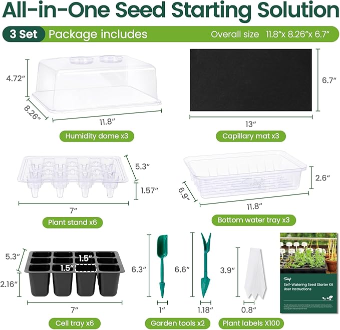 SOLIGT Self Watering Seed Starter Trays with Humidity Domes, Extra Thick Plastic Seed Starter kit for Seed Starting, Plant Germination & Seedling Growing, 3 Pack 72 Cells
