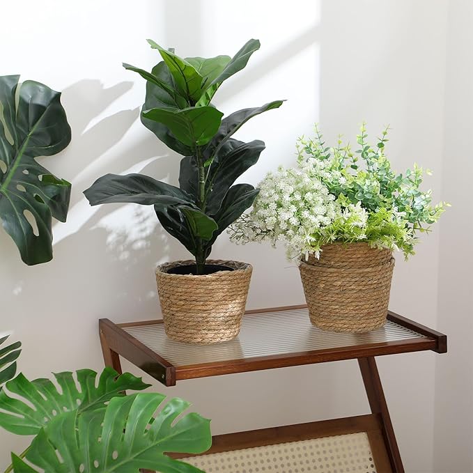 4 Pcs Straw Plant Baskets Indoor Rattan Woven Flower Baskets with Plastic Liner, Cattail Plant Planter for Indoor Outdoor Rustic Boho Home Farmhouse Floor Potted Pots Decor