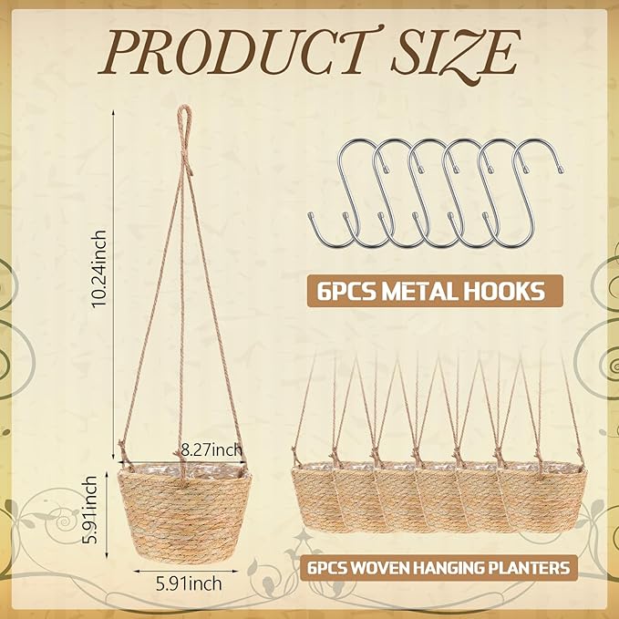 6 Pcs Seagrass Hanging Planter Basket Hand Woven Plant Basket with Plastic Liners Hanging Plant Holder Storage Containers with Cotton Rope for Indoor Garden Decor (Medium,Brown)