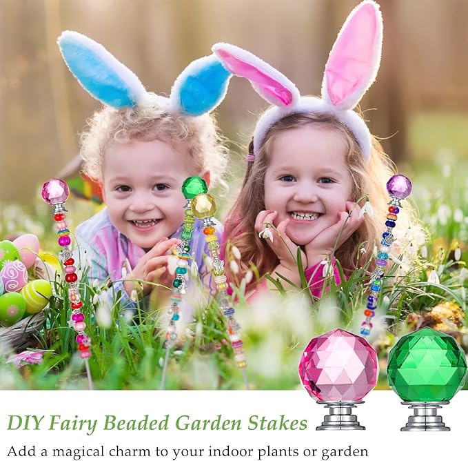 MTLEE 101 Pieces Garden Stakes Decorative Beaded Garden Stakes with Crystal Stopper Top Round Glass Bead Antique Silver Bail with Pendant Silver Bead for Outdoor Decoration (Vintage Style)