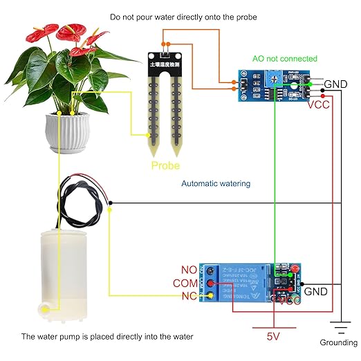 Upgrade Automatic Irrigation DIY Kit Self Watering System with Capacitive Soil Moisture Sensor 5V Relay Module and Water Pump + 50cm Silicone Tubing for Garden Plant Flower Watering DIY