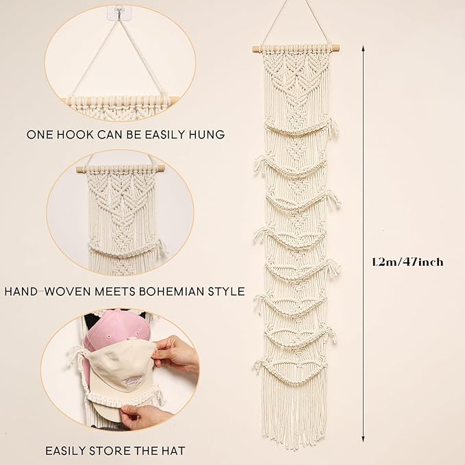 jontell Boho Ball Cap Hanger-2 Pack-Boho Macrame Cap Holder Wall Hat Organizer for Baseball Cap Holder Over Door, Hat Rack for Wall Cap Rack Disaplay Bearoom Decorations