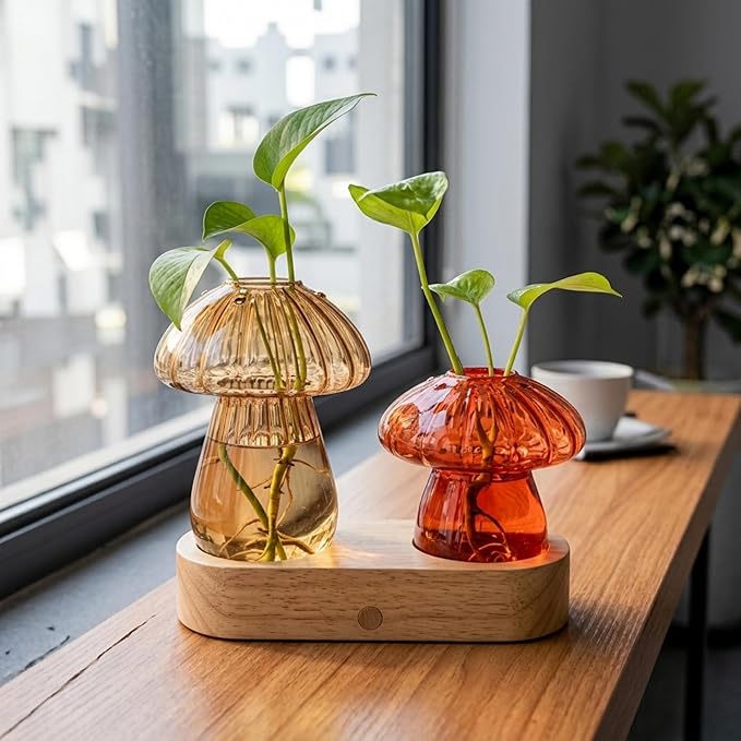 Propagation Vases,Mushroom Glass Propagation Stations with Stepless Dimming Function for Home Office Decor,Lighted Hydroponic Planter Jars Valentines Day Gifts for Mom Women Plant Lovers