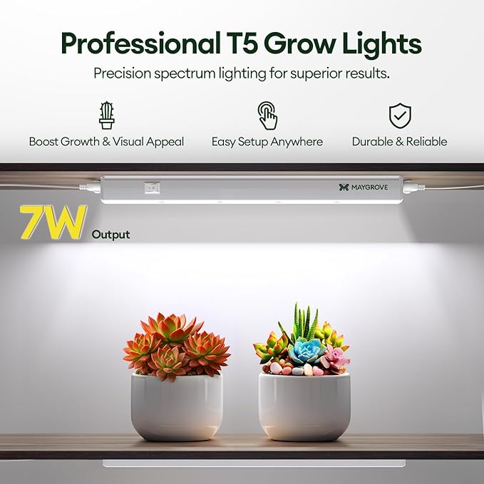 Maygrove T5 Grow Lights for Indoor Plants 1FT, Blue-Rich Full Spectrum 5000K Grow Light, 28W(4 x 7W), Grow Light Strips for Seed Starting, Greenhouse, High PPFD, Linkable, White, 4-Pack