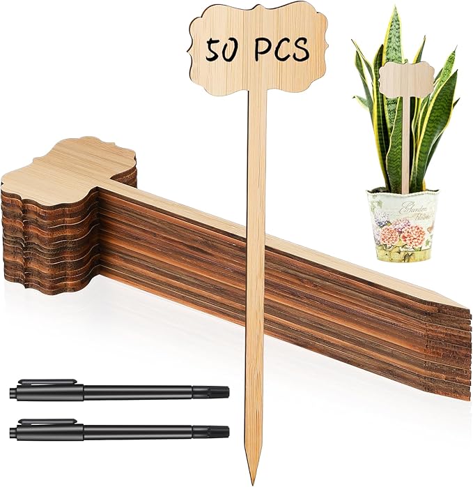 Jingmore 50 Pcs Bamboo Garden Markers Plant Labels 8 Inch Extra Long Plant Tags for Seedlings with Pen T-Type Tags Waterproof Nursery Garden Signs for Outdoor Flower Herb Potted