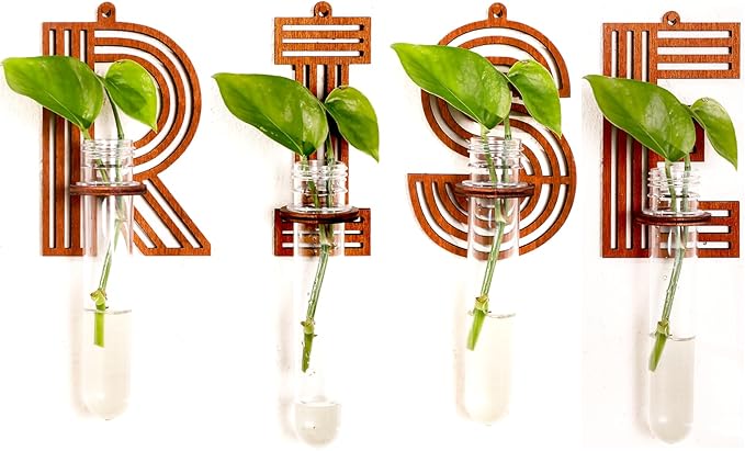 Rise Letter Wall Propagation Planters Test Tubes Wall Decor for Hanging Plants Clear Water Plant Vase Brown Wood Upletter Alphabet Functional Art Boho Sets 4