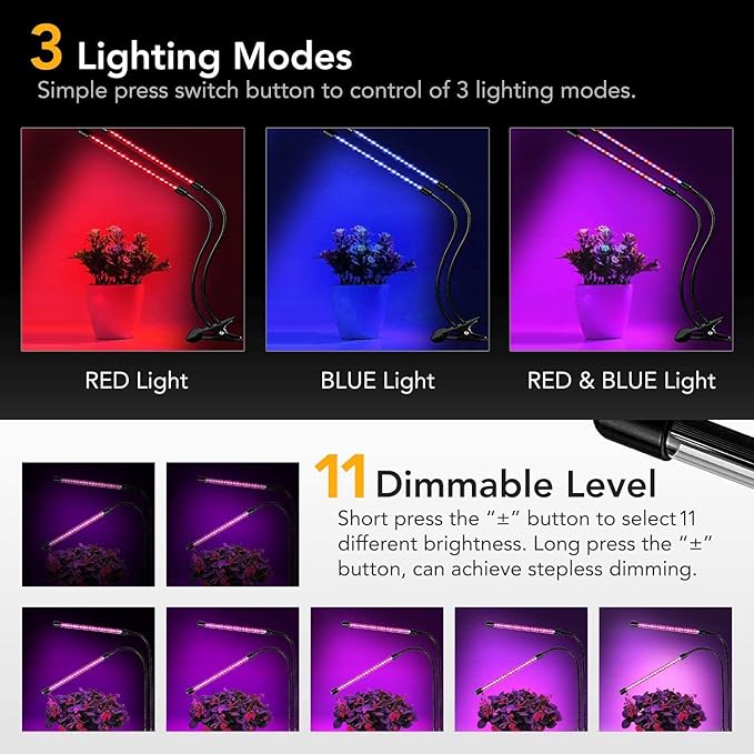 iPower 10W Red Blue Spectrum Grow Light Dual Head Bulbs Strips with 3/9/12H Timer 11 Levels Dimmable for Indoor Plants