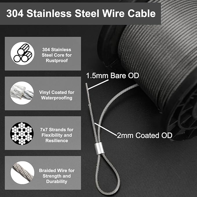 TooTaci M5 Turnbuckles for Cables Wire, 200ft 1/16 Stainless Steel Wire Rope with Tensioner Kit, 1/16 Vinyl Coated Steel Cable for Outdoor Lights Hanging, Climbing Plants, Trellis and Fences