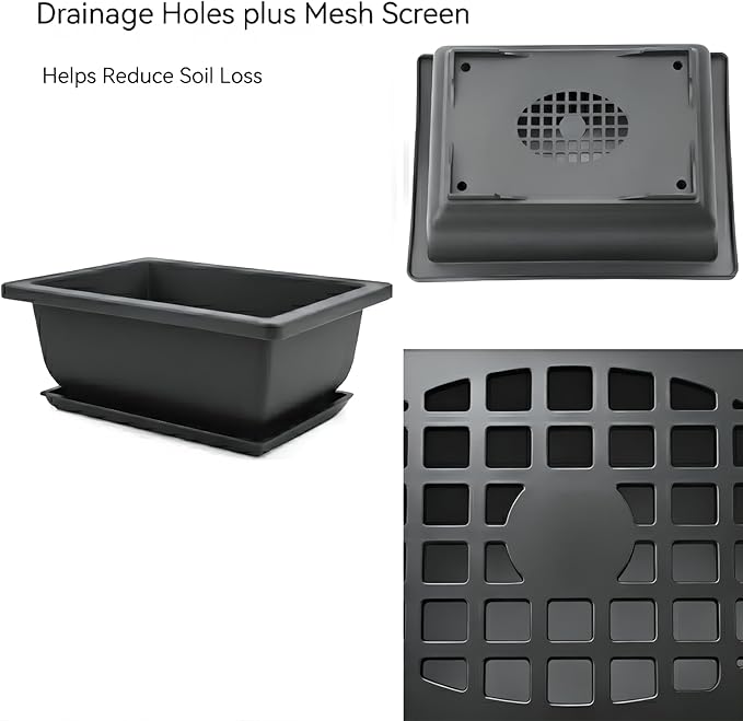C CRYSTAL LEMON Bonsai Training Pots with Drip Trays, 3-Pack, Compact Plastic Planters with Drainage Holes & Mesh Screen, for Bonsai, Succulents & Cactus (Small)