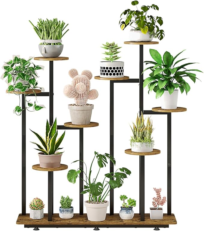 INGIORDAR Plant Stand Indoor Outdoor Corner Plant Shelf for Multiple Flower Pots Flower Stand Holder for Patio Garden Balcony Living Room (Black+Rustic Brown, 9 Tier)