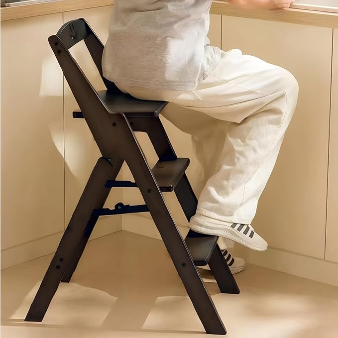 Foldable Wooden 3 Step Ladder and Stool Chair 2 in 1 (Black)