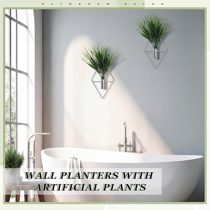 Canlierr 8 Pieces Silver Wall Decor Hanging Planters with Artificial Plants Metal Vase Indoor Aquatic Plant Holder Modern Geometric Wall Art for Home Bathroom Bedroom Living Room Office