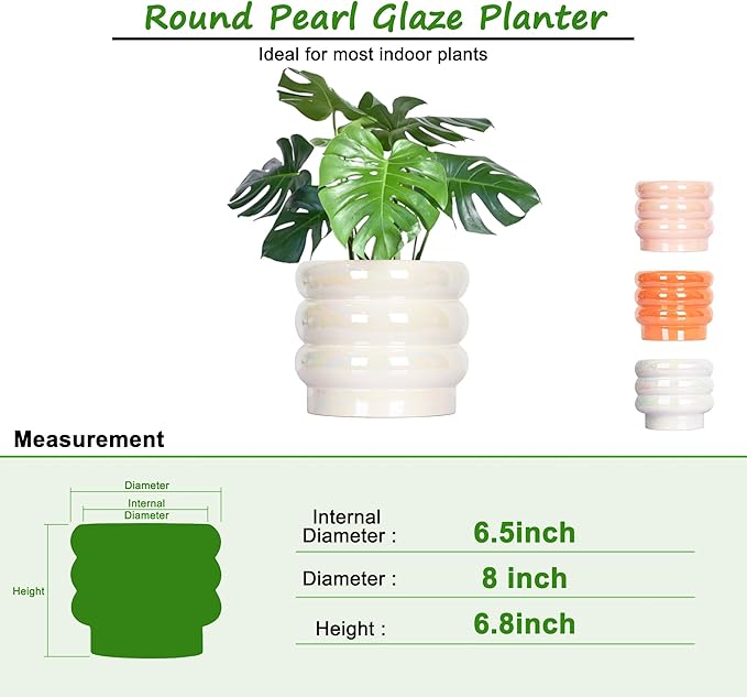 8 Inch Ceramic Plant Pots for Indoor Plants, White Flower Pot, Rainbow Pearl Glaze Planter with Planters for Plants with Drainage Hole