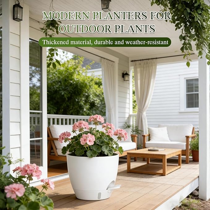 Self Watering Pots with Drainage Holes, 2 Pack 10 Inch Plant Pots with Water Level Indicator Deep Reservoir, Large Plastic Planter for Indoor Outdoor Plants - White