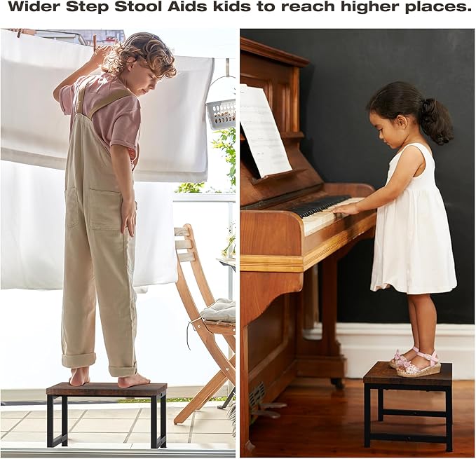 Flottian 9" Wooden Step Stools for Adults Kids,15.4" Extra Wide Heavy Duty Step Stool Holds Up to 300 lbs,Bed Step Stool for High Beds,Stools for Bedroom,Kitchen,SUV ect, Easy Assemble, Rustic Brown