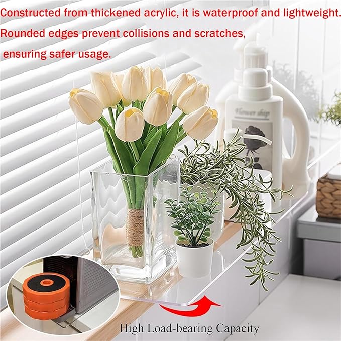 Window Sill Cover, Extension Shelves with Double-Sided Adhesive, Clear Acrylic, 0.19" Thick, Waterproof Windowsill Organizer/Windows Plant Shelf, for Kitchen Organization Storage(40x25cm)