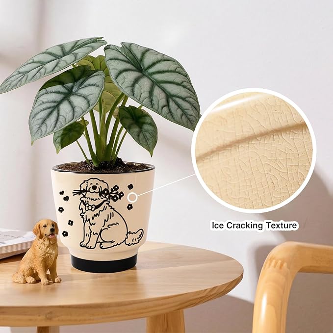 STHIE 5 inch Ceramic Plant Pot, Round Planters for Indoor Plants with Drainage Hole, Ice Crack Decorative Flower Pot, Cute Planters for Snake Plant (Flower Dog)