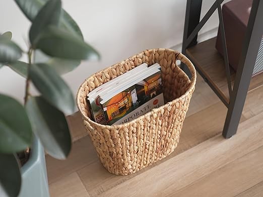 StorageWorks Wicker Waste Basket, Handwoven Water Hyacinth Trash Can with Built-in Handles, Wicker Garbage Can for Bedroom, Bathroom, 1 Pack