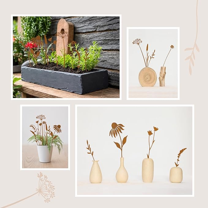 8-Piece Garden Bloom Stakes – Rustic Hand-Rusted Metal Flower Stakes for Flower Beds, Lawns, Pots, Patio, Outdoor Décor, Yard Art & Plant Decorations