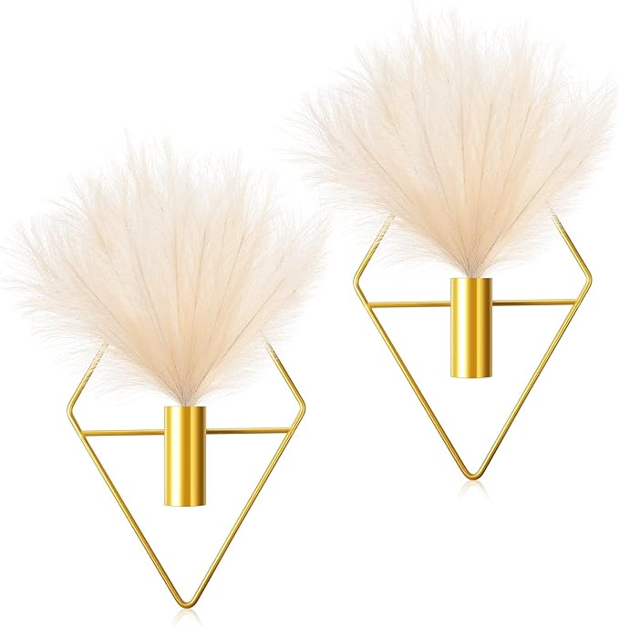Jexine 2 Pcs Boho Wall Decor Gold Hanging Planters with Artificial Plants Wall Art Mounted Metal Home Decor Display Bedroom Bathroom Living Room(Pampas)