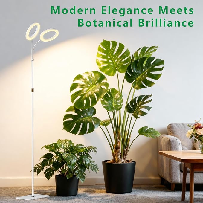 SDOVUERC Full Spectrum Grow Light with Stand for Indoor Plants, Floor Plant Light, 6/12/18H Timer, 3 Color Modes, Adjustable Height 16.5–67in, for Large Plants & Home Décor(2 Heads White)