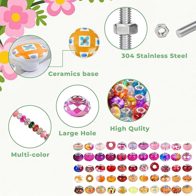 178 Pcs Beaded Garden Stakes Decorative DIY Fairy Wands Kit for Garden with 6 Colorful Cartoon Stopper Top 120 Assortment Round Large Hole Bead for Outdoor Decor