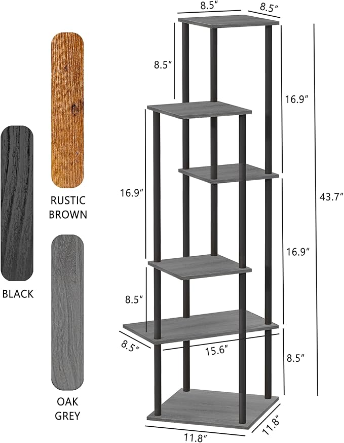 Tall Plant Stand Indoor, 6-Tier Modern Plant Shelf for Multiple Plants, Wood Metal Flower Holder for Living Room Balcony Bedroom, Oak Grey