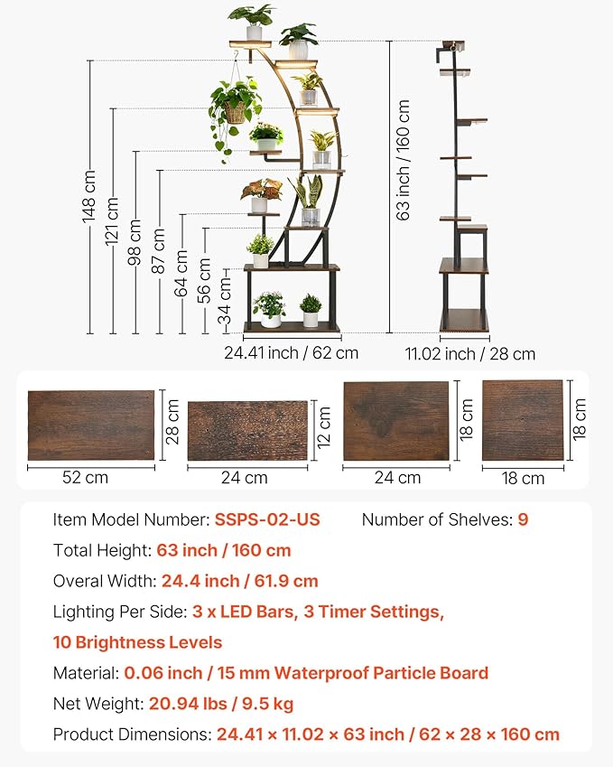 VEVOR Plant Stand Indoor with Grow Lights, 63 in Tall 9-Tier Lighted Plant Shelf, Metal Corner Plants Holder, 3 Timer & 10 Brightness, Curve-Shaped Flower Display Rack for Living Room Balcony Decor