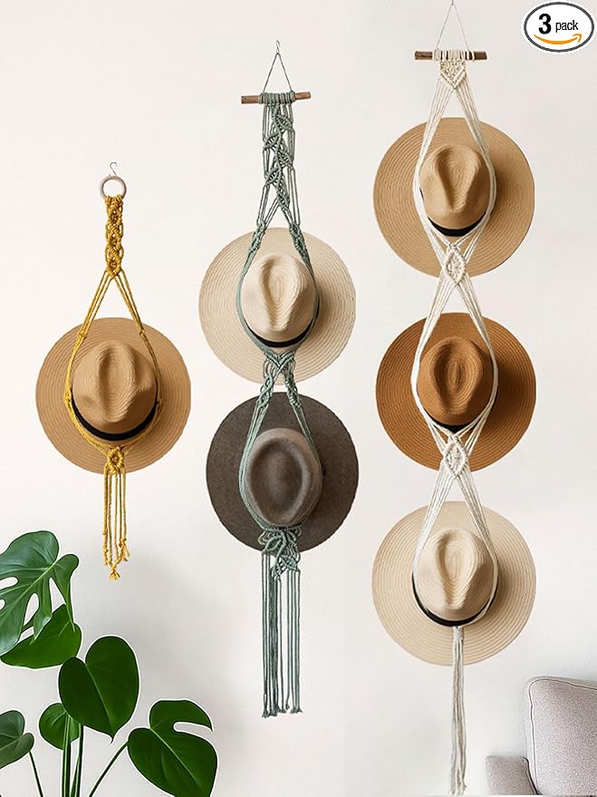 Bohemian Hat Rack Hat Hanger, Macrame Hat Organizer for Wall Hanging, Handmade Hat Holder, Hat Storage for Wide-Brim Hats, Boho Hat Display for Bedroom, Living Room(3 Styles & 3 Colors)