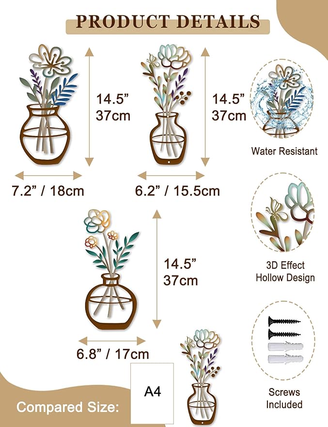3 Piece Metal Flower Wall Decor Set - Rustic Colorful Flowers Wall Art with Butterfly and Berries, Farmhouse Metal Wall Art for Bathroom, Kitchen, Living Room, Bedroom - Modern Home Decorations Walls Hanging Sculptures Housewarming Gift