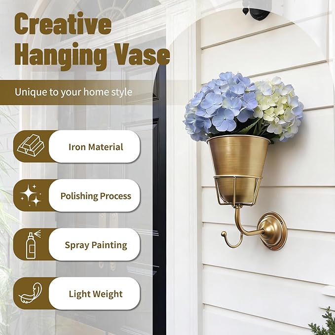 Gold Wall Vase for Flowers, Boho Metal Hanging Vessel, Versatile Organizer Wall Decor for Home Living Room, Bedroom, Bathroom & Kitchen, Office