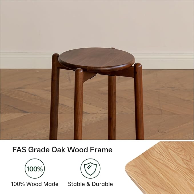 Oak Stackable Stools Set of 4, Small Plant Stand, Round Wooden Stool for Dining Room, Living Room, Entryway, Classroom, School, 15.4" x 15.4" x 16.7”, Walnut