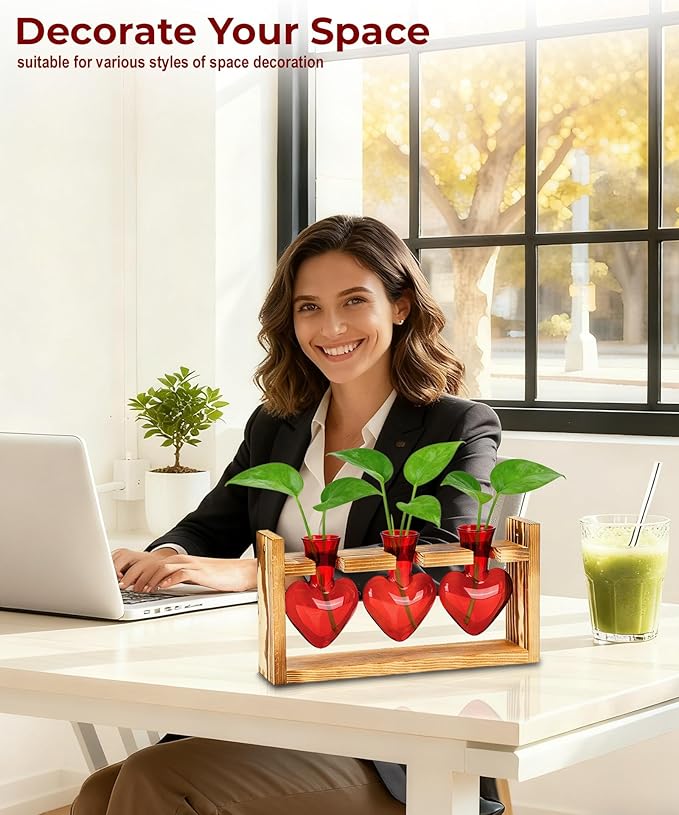 Nacome Plant Terrarium Propagation Stations: Mothers Day Gifts for Mom Plant Lovers Women Wife Daughter - 3 Bulb Glass Vase with Wooden Stand Tabletop for Hydroponics Garden Home Wall Decor(Red)