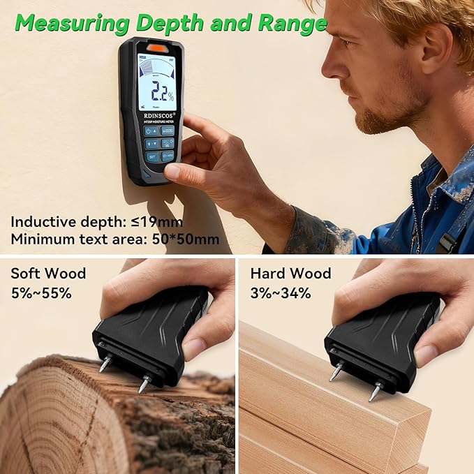 Pinless & Pin-Type Moisture Meter for Wood, Drywall & Concrete – Digital Moisture Tester Audible Alarm & HOLD Function – Ideal for Firewood, Lumber, Home Inspections