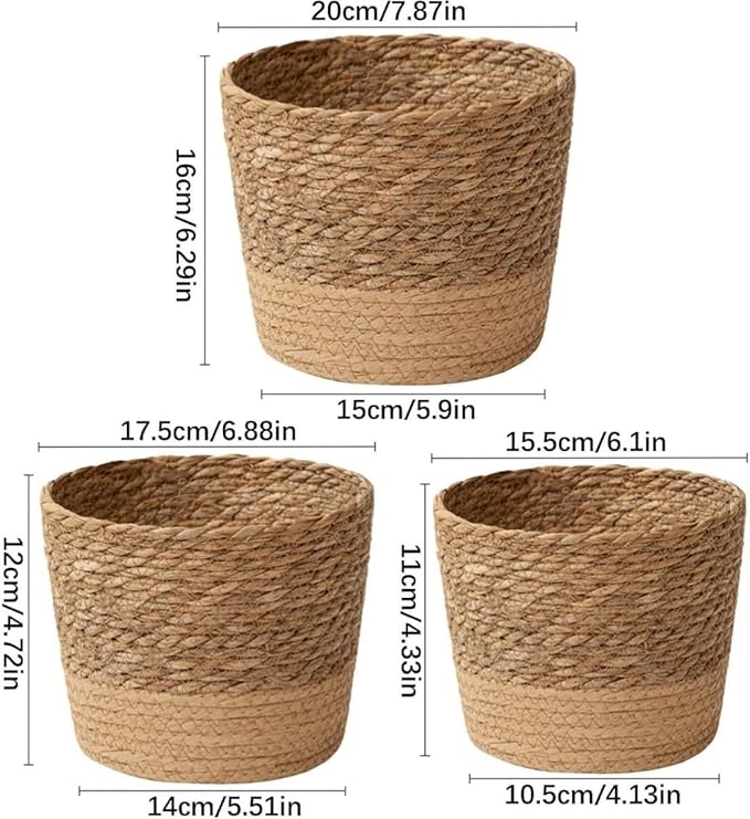 7'' Seagrass Round Wicker Planter Basket with Plastic Liner, Handmade Woven Basket Flower Pot for Indoor Plants and Flower, Boho Home Decor, Bread & Fruit Storage Basket (Khaki,7.8''X6.3'')