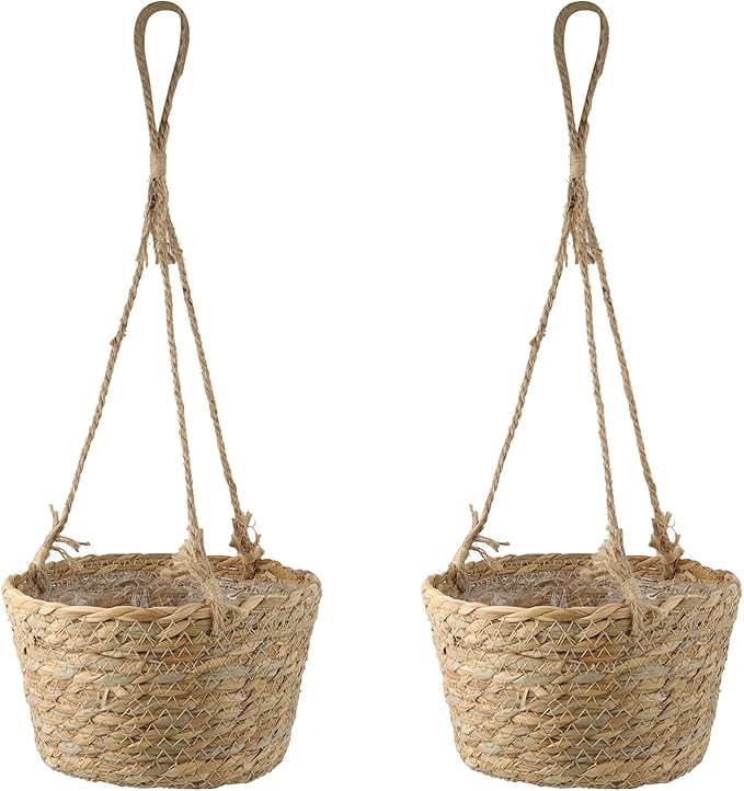 MY MIRONEY 2PCS Hanging Planter Basket Natural Seagrass Woven Plant Pot Hanger Hanging Plant Holder with Twine for Home Decor, Indoor & Outdoor Use, 8.11" x 4.96", Khaki
