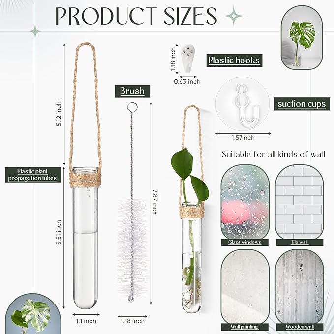 Baderke 9 Pack Clear Window Propagation Stations Plastic Window Planter with Suction Cups & Traceless Nails, Propagated Plant Holders with Bottle Brush, Hanging Vases Terrarium Gift(5")