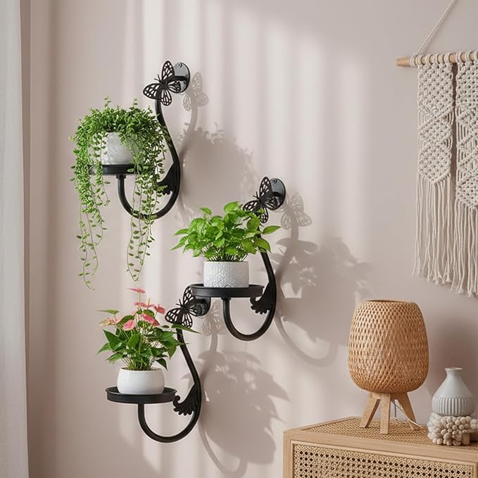 Wall Plant Holder Indoor, Metal Hanging Planters Hanger Floating Flower Display Stand for Window, Plant Shelves Hanging Plant Holder Window Plant Hanger Plant Decor Black (Butterfly-3Pc)