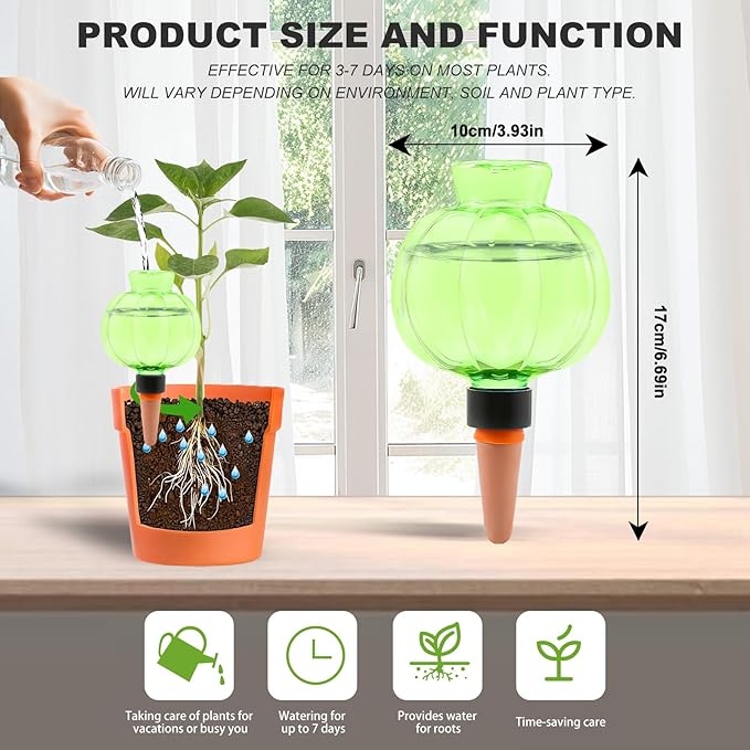 4 Pcs Plant Self Watering Globes, 17oz Large Plastic Water Bulbs Top Fill Watering Globes Slow Release Terracotta, Water Spikes Stakes for Indoor and Outdoor Plants (Green)