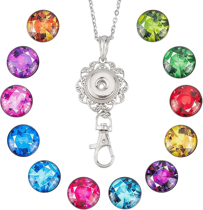 SUNNYCLUE 1 Box 12 Styles Snap Button Lanyard ID Badge Lanyards Cute Colorful Imitation Birthstone Charms Badges Holder Stainless Steel Necklace Chain Breakaway ID Badge Lanyard for Holders Keys Gift