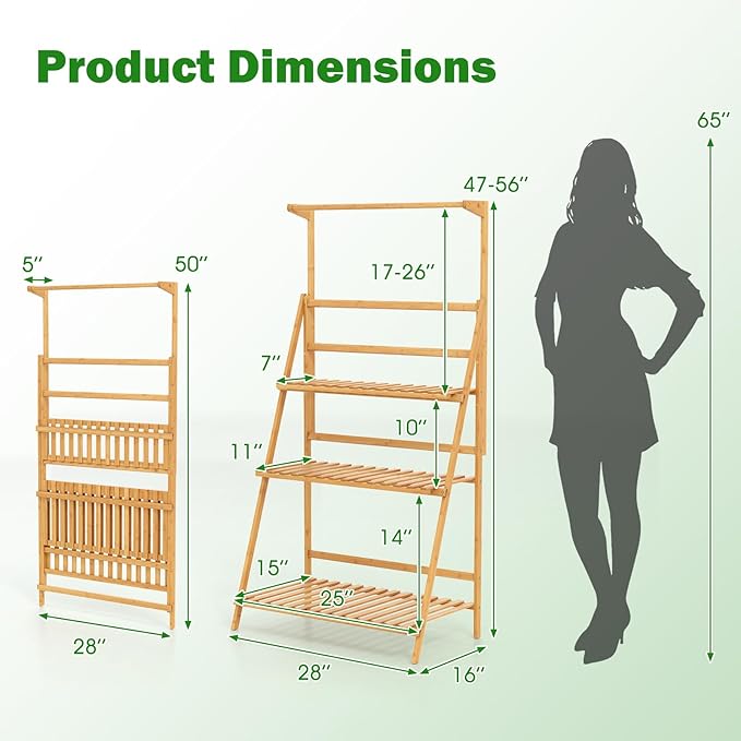 Giantex Plant Stand Indoor Outdoor - Bamboo 3-Tier Hanging Tall Ladder Flower Pot Display Organizer Rack w/Height Adjustable Rod, Folding Plant Shelf Holder for Living Room Corner Patio Garden Balcony