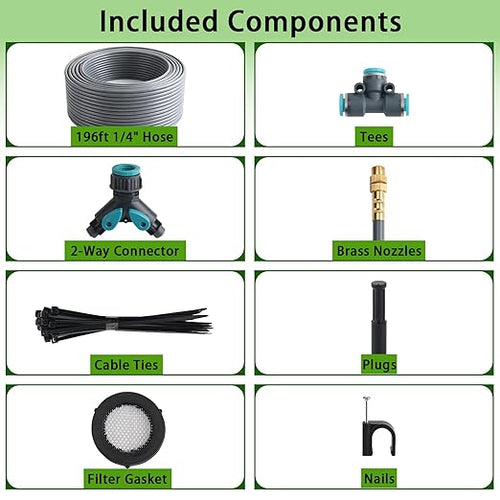196FT 1/4" Quick-Connect Drip Irrigation System Kit, Automatic Garden Watering System with 32 Pcs Adjustable Spray Nozzles for Garden, Greenhouse, Yard, Lawn