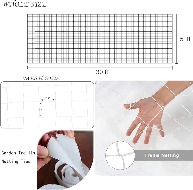 BaseGoal All-Weather Trellis Netting Mesh Plant Garden Vine Growing Flexible String Net (6" Mesh ployester, 5' Wx 30'L)