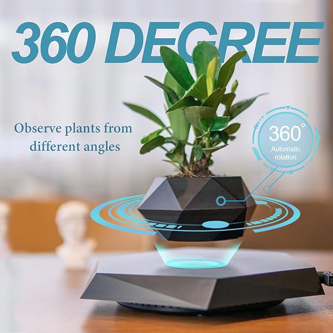 Levitating Plant Pot,Magnetic Floating Plant Pot for Small Plants,360°Rotating Levitating Desk Decor for Home & Office,Floating Pot Gift for Plant Lovers,Birthday, Christmas, New Year(black)