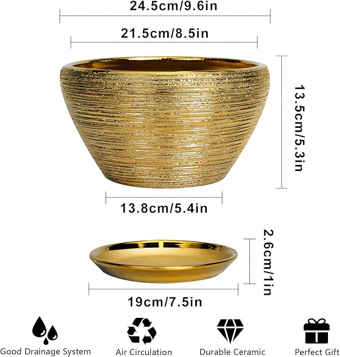 Ceramicfor Ceramic Plant Pot Indoor - 9 Inch Planters for Outdoor Plants Decorative Plant Pot with Drainage Hole and Saucer Round Planter Modern Flower Pot Decorative for House Decor Gold