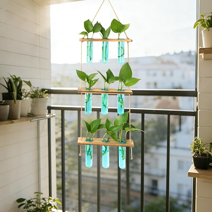 XXXFLOWER Wall Hanging Propagation Station with Wooden Stand 9 Test Tubes Vases Tiers Planters Wall Terrarium for Home Office Plant Hanger Flower Vases Wall Decor Hydroponic Cuttings(Blue)
