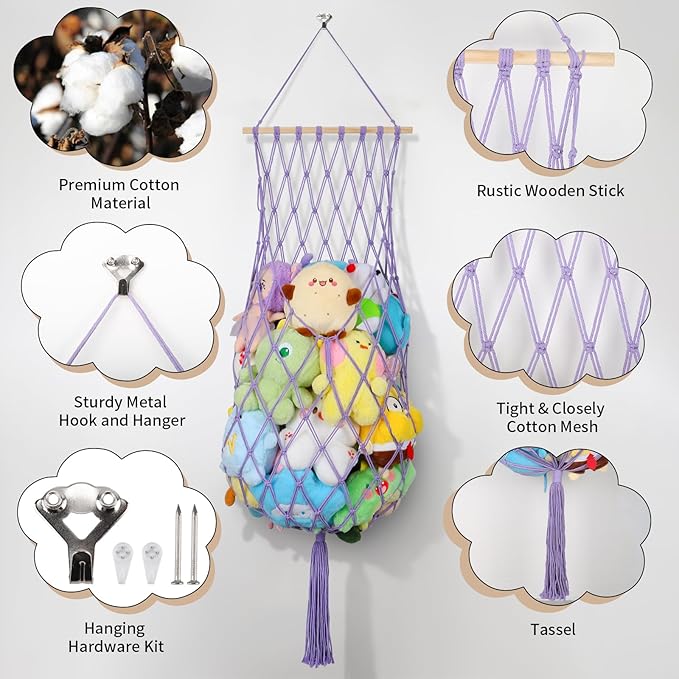 Stuffed Animal Storage Net, 68 Inch Jumbo Macrame Vertical Stuffed Animals Hammock Corner, Wall Ceiling Hanging Stuffy Hammock Plushie Holder Display for Kid Boy Girl Gift Boho Nursery Decor (Purple)