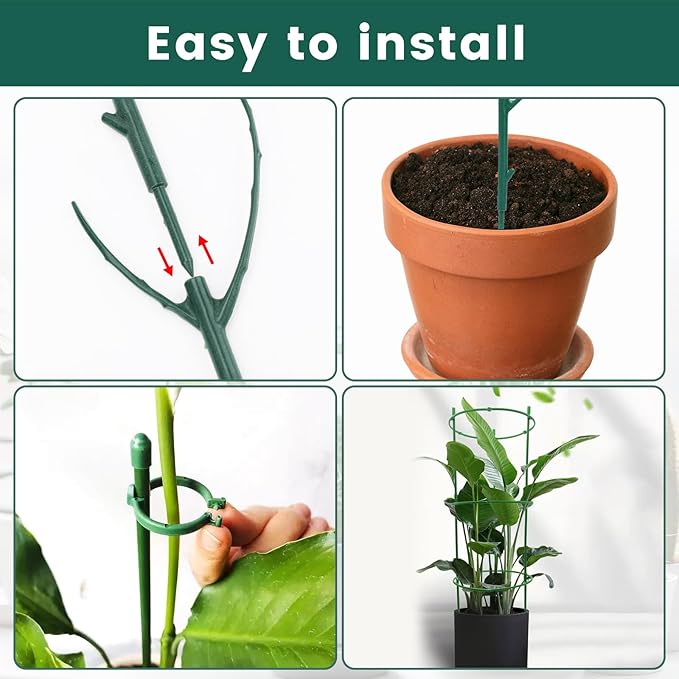Decorative Stackable Twig, Plant Support Frame & Cage Support Rings, Plant Holder Stick with Clamps, Twig Trellis with 5 Poles for Indoor Outdoor, Potted Plants Flower Climbing Plants ﻿ (Green（B)