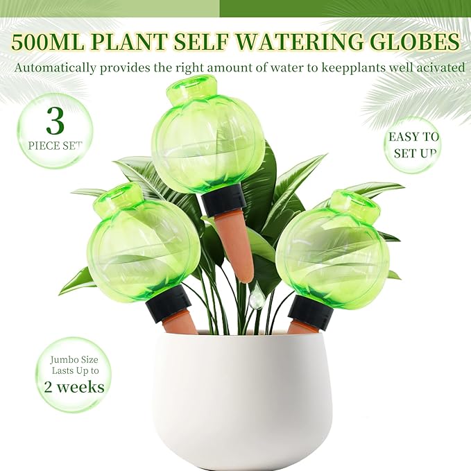 3 Pack Plant Self Watering Globes Top Fill for Indoor Plastic Water Bulbs Slow Release Terracotta 17.5 oz Self Watering Planter Insert Automatic Drip Irrigation Water Spikes Stakes Devices System